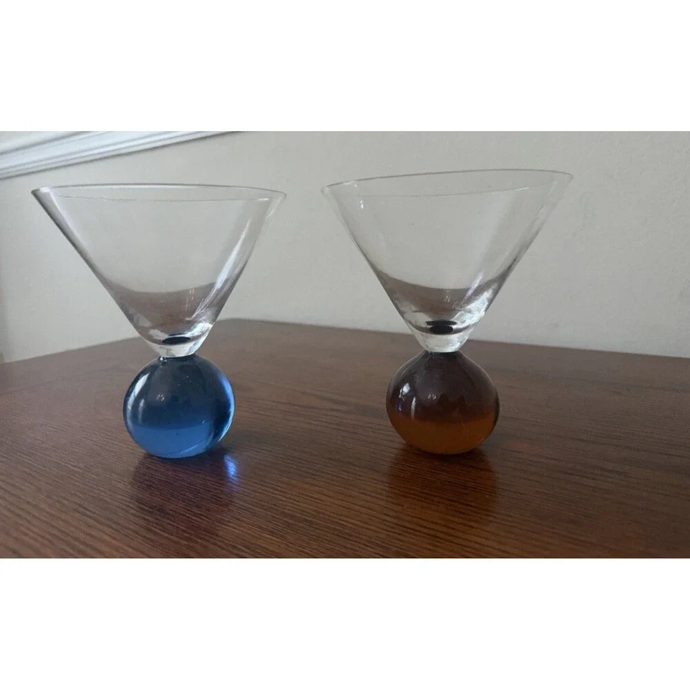 Set of 2 Post Modern Clear Glass Martini Glasses Blue & Amber Ball Base